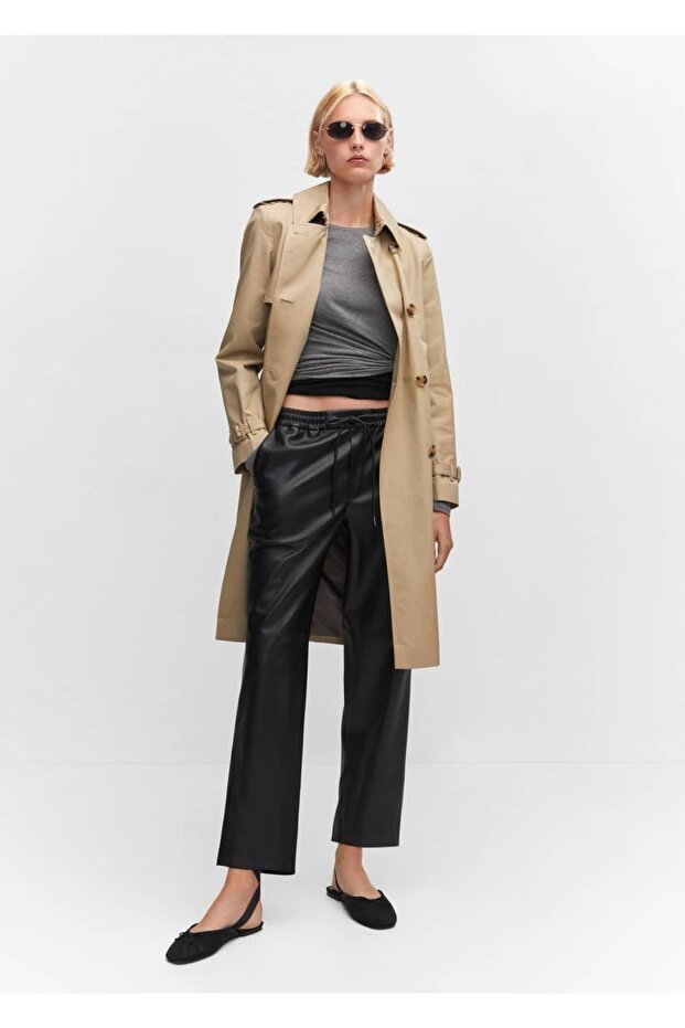 Deri görünümlü beli elastik pantolon - 2