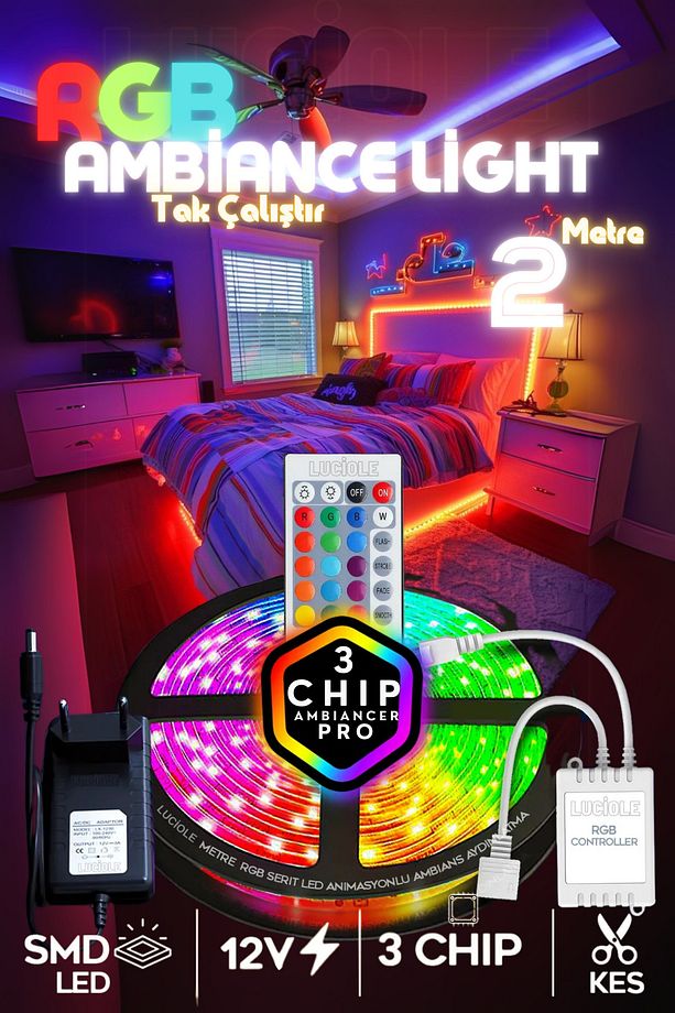 2 MT Şerit LED Animasyonlu Tak Çalıştır Kumandalı Rgb Işık Duvar Aydınlatma Ambiyans Parti Led - 1