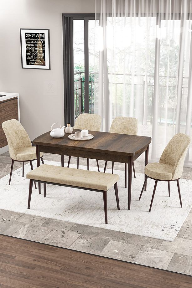 Zen Serisi 80x132 Mdf Açılabilir Barok Ahşap Desen Masa Takımı 4 Krem Sandalye Ve 1 Bench - 1