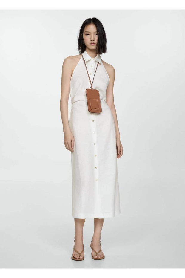 Gömlek yaka keten elbise - 2