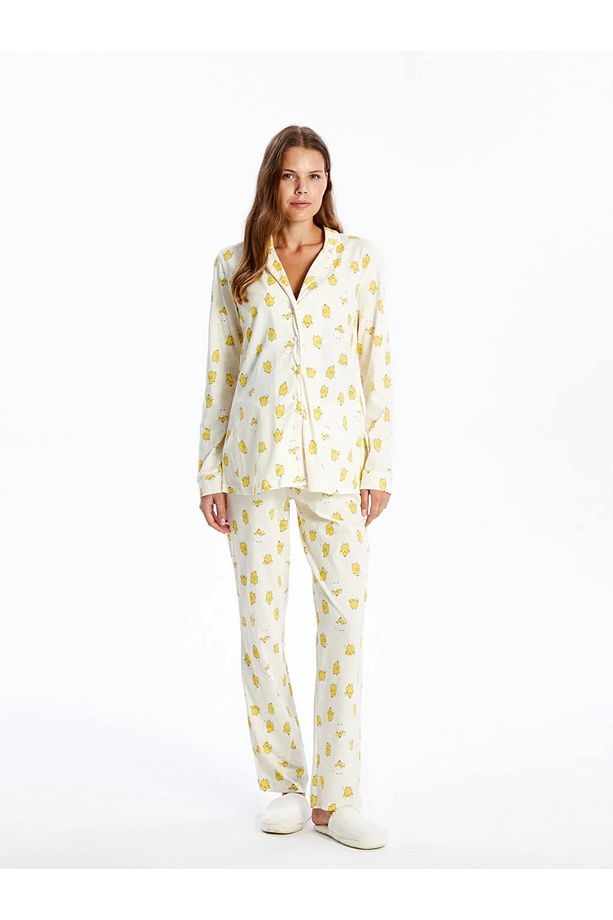 LCW DREAM Ekru Gömlek Yaka Desenli Hamile Pijama Takımı - 1