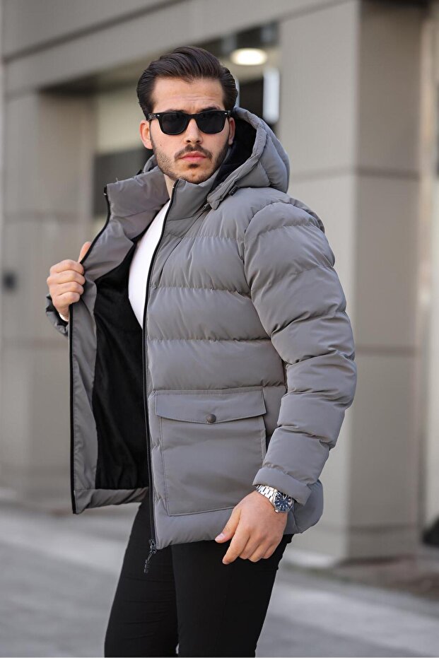 Men's Gray Nova Fabric Slim Fit Hooded Puffer Carbon Leather Coat