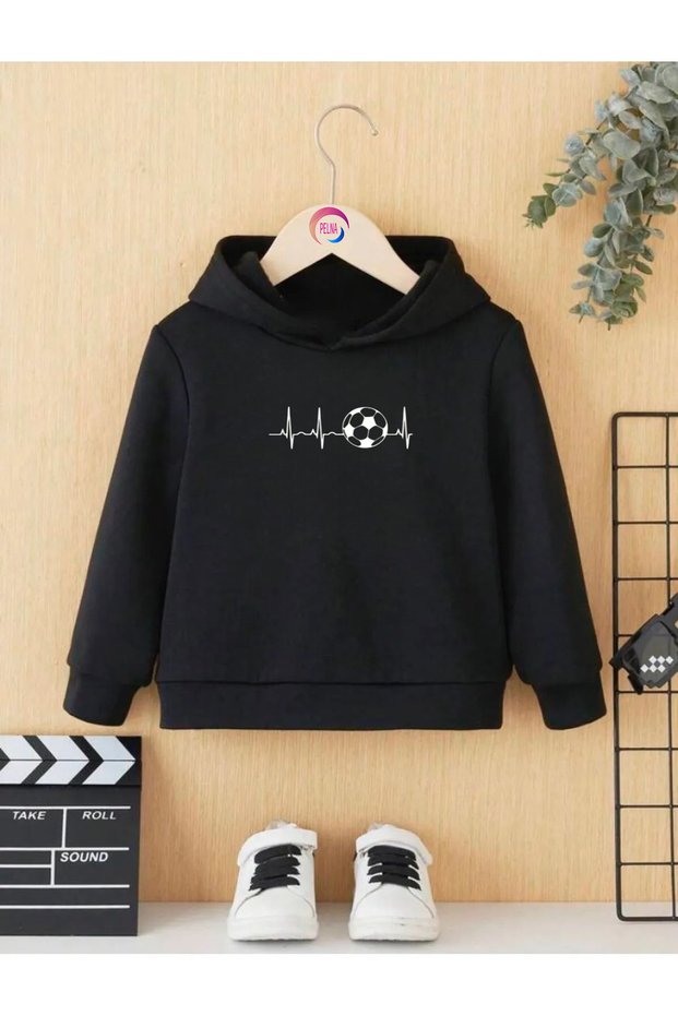 Cotton Custom Design Football Printed Black Hooded Kids Sweatshirt