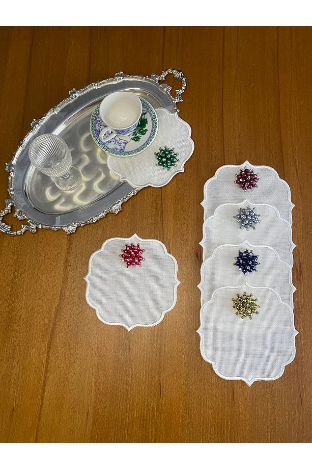 6 Adet Keten Ekru Renk Şık Sunumluk Renkli Incili Kokteyl Sunum Peçetesi - 2