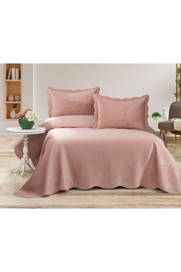 Eliza Velvet Çift Kişilik Ultra Lüks Yatak Örtüsü Takımı Pembe - 1