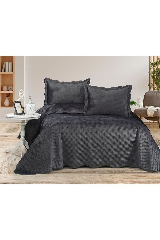 Eliza Velvet Çift Kişilik Ultra Lüks Yatak Örtüsü Takımı Antrasit - 1
