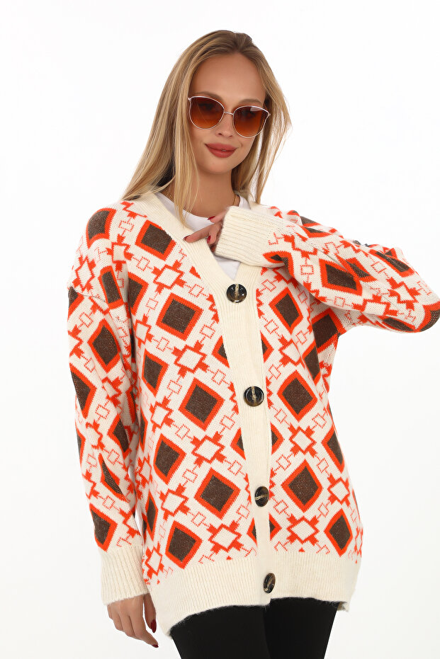 Square Pattern Knitted Detailed Button Knitted Cardigan - 3