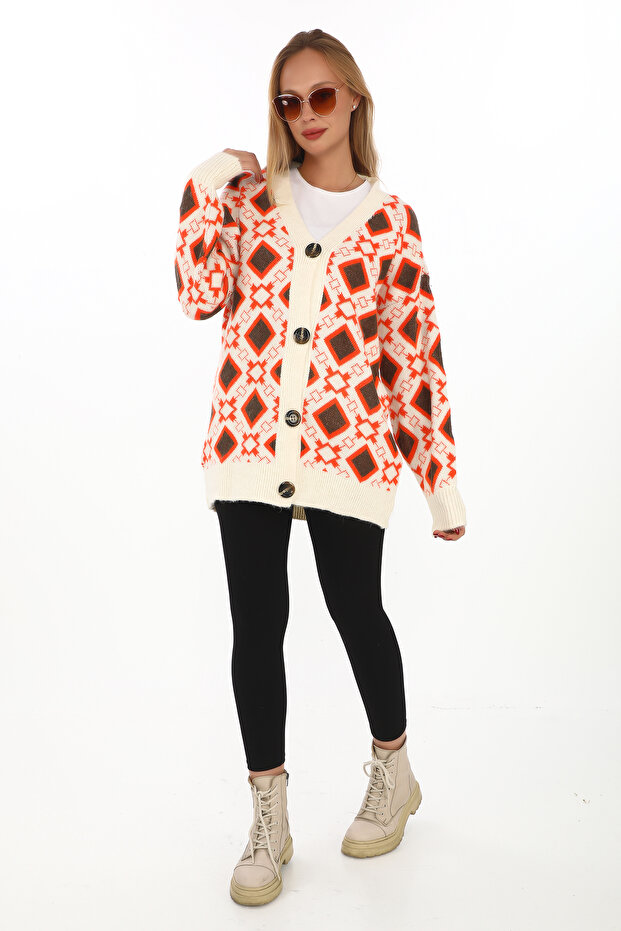 Square Pattern Knitted Detailed Button Knitted Cardigan - 4