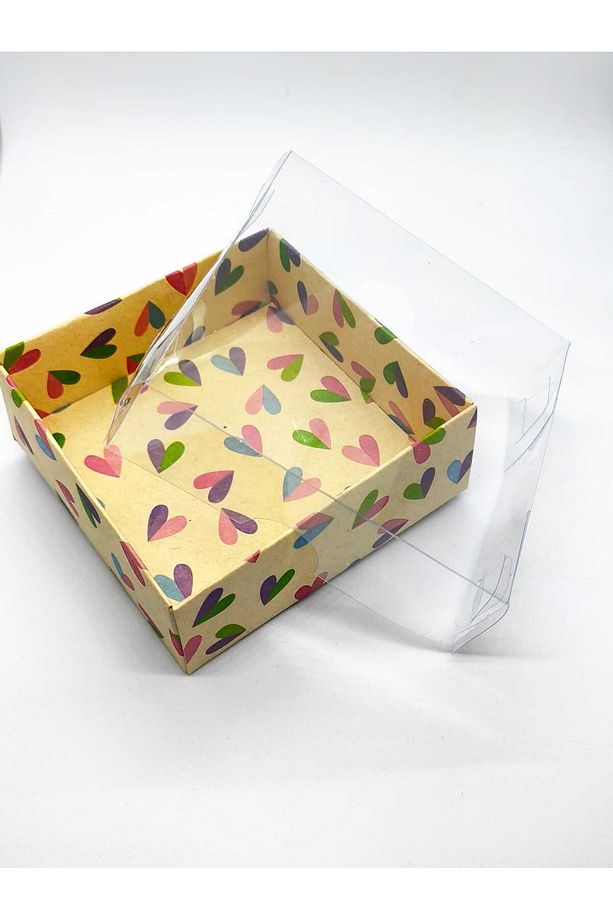 7x7x3 Asetat Kapaklı Kalp Desenli Kraft Kutu 100 Adet - 2