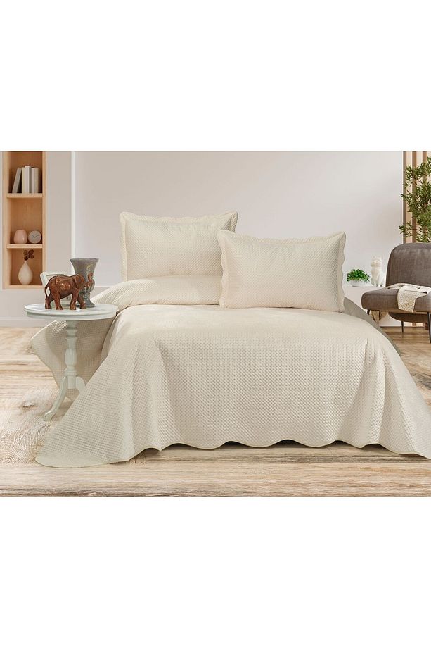 Eliza Velvet Çift Kişilik Ultra Lüks Yatak Örtüsü Takımı Ekru - 1