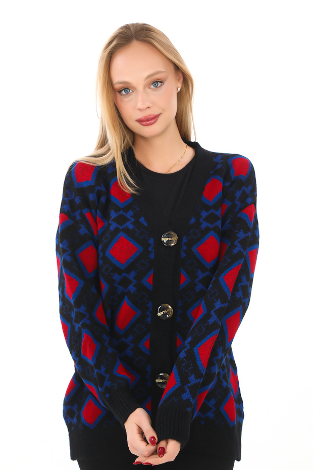 سترة صوفية محبوكة بنمط مربع وأزرار - 5