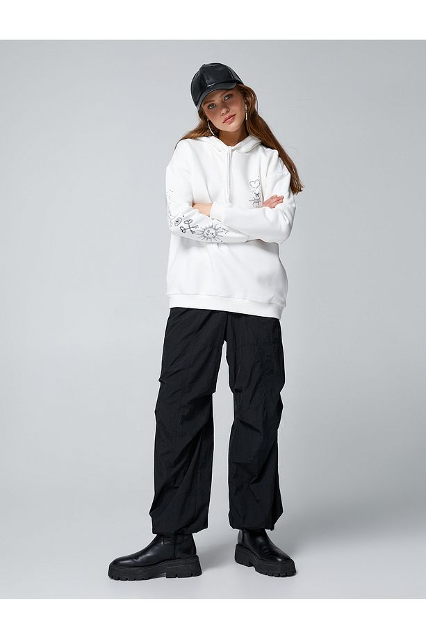 Şardonlu Oversize Sweatshirt Kapüşonlu Baskılı Uzun Kollu - 2