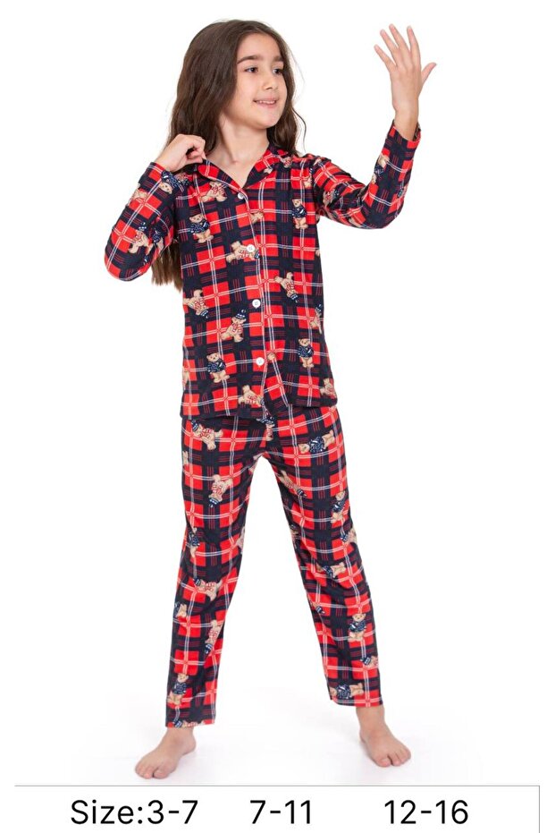 Girl's Teddy Bear Print Checked Button Pajamas Set