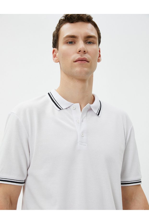 Polo Neck T-Shirt Slim Fit Buttoned Short Sleeve Piping