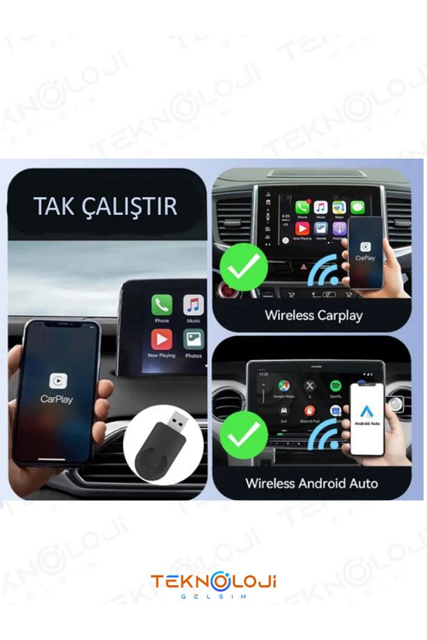 Kablosuz CarPlay ve Android Auto Apple ve Android Uyumlu 2in1 Tak Çalıştır Multimedya Adaptör - 3