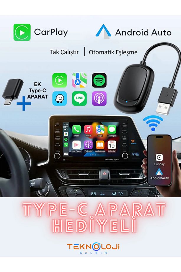 Kablosuz CarPlay ve Android Auto Apple ve Android Uyumlu 2in1 Tak Çalıştır Multimedya Adaptör - 1