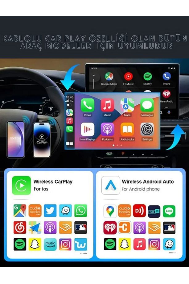 Kablosuz CarPlay ve Android Auto Apple ve Android Uyumlu 2in1 Tak Çalıştır Multimedya Adaptör - 2