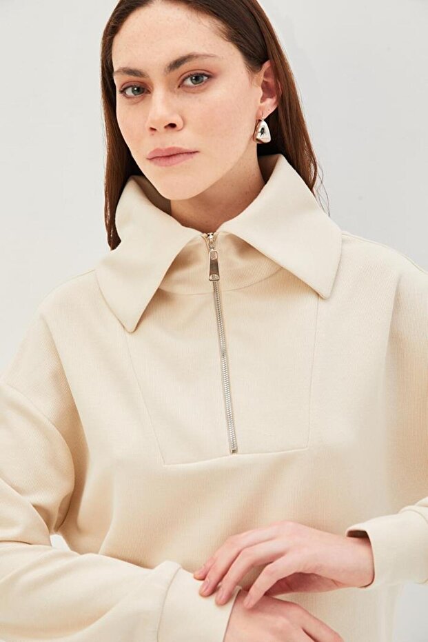 Yaka Detaylı Fermuarlı Regular Örme Sweatshirt - 7