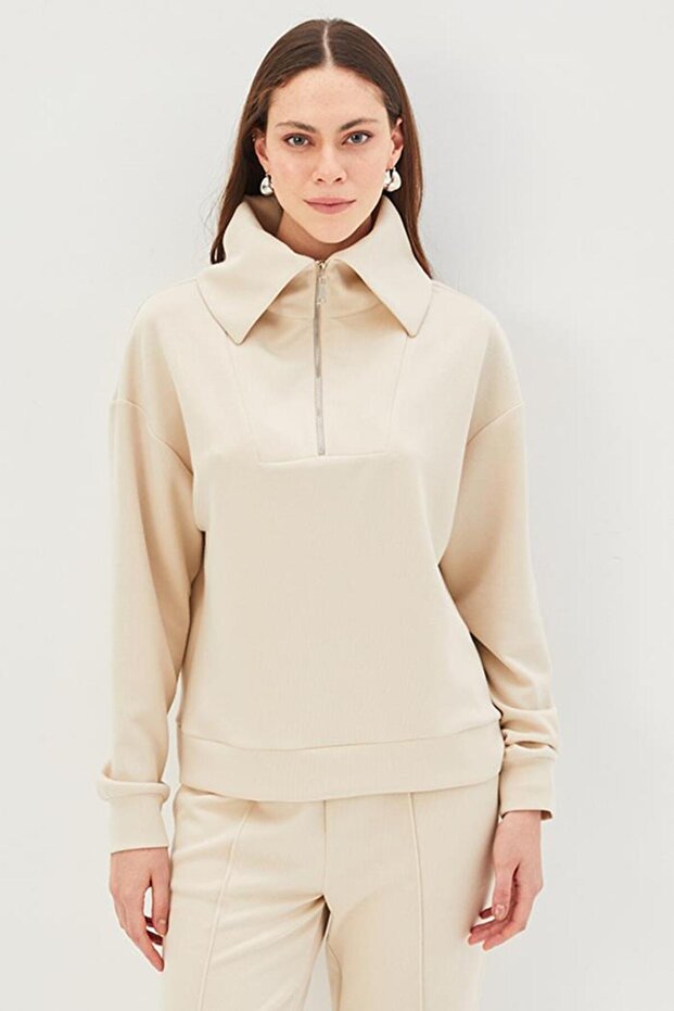 Yaka Detaylı Fermuarlı Regular Örme Sweatshirt - 1