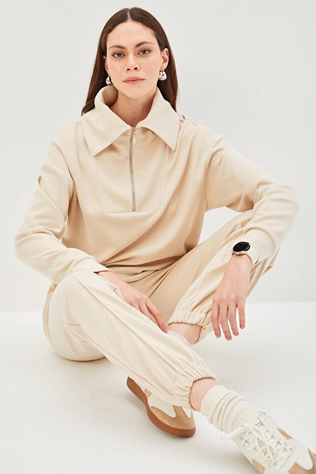 Yaka Detaylı Fermuarlı Regular Örme Sweatshirt - 2