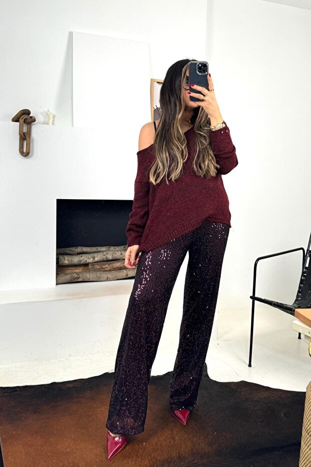 Sequined Wide Leg Trousers Burgundy-Black