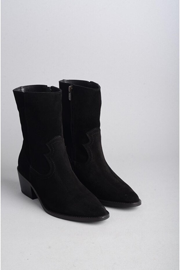 Selection 1678 Genuine Leather Western Heel Boots (Heel Height: 5 cm) Black Suede