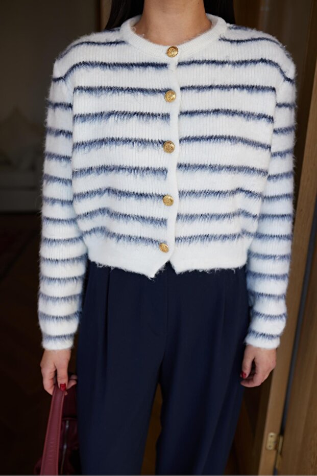 Ecru-Navy Blue Crew Neck Gold Button Detailed Striped Soft Cardigan