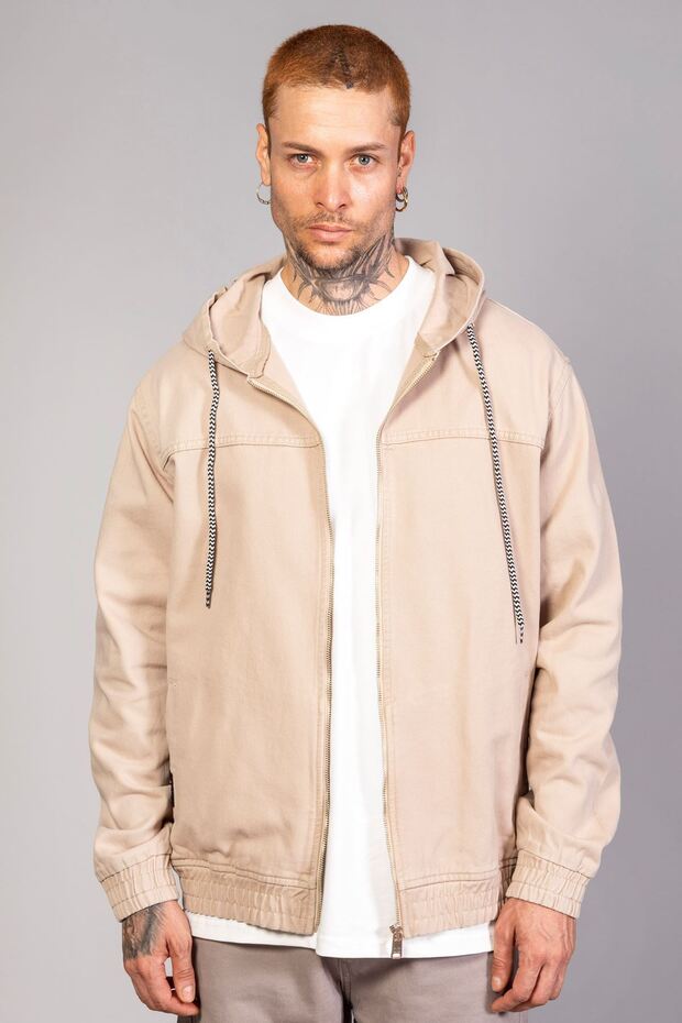 Men's Hooded Oversize Marsıan Beige Denim Jacket