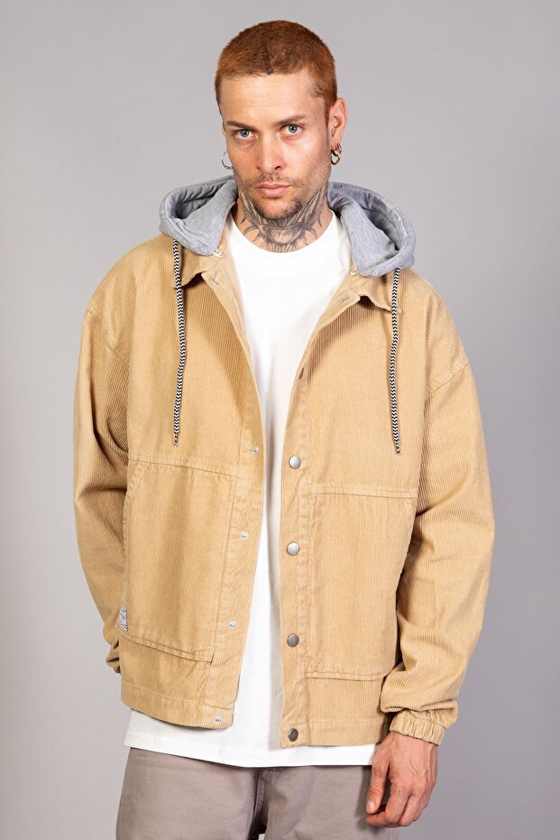 Men's Beige Detachable Hooded Oversize Cotton Velvet Jacket