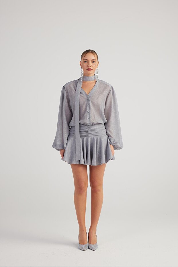 Glittery Fabric Ruffled Mini Vanesa Dress Gray
