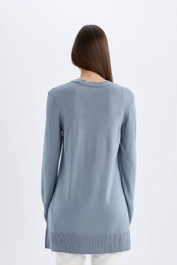 Regular Fit Bisiklet Yaka Yırtmaçlı Basic Düz Triko Kazak Tunik H3431az24au - 6