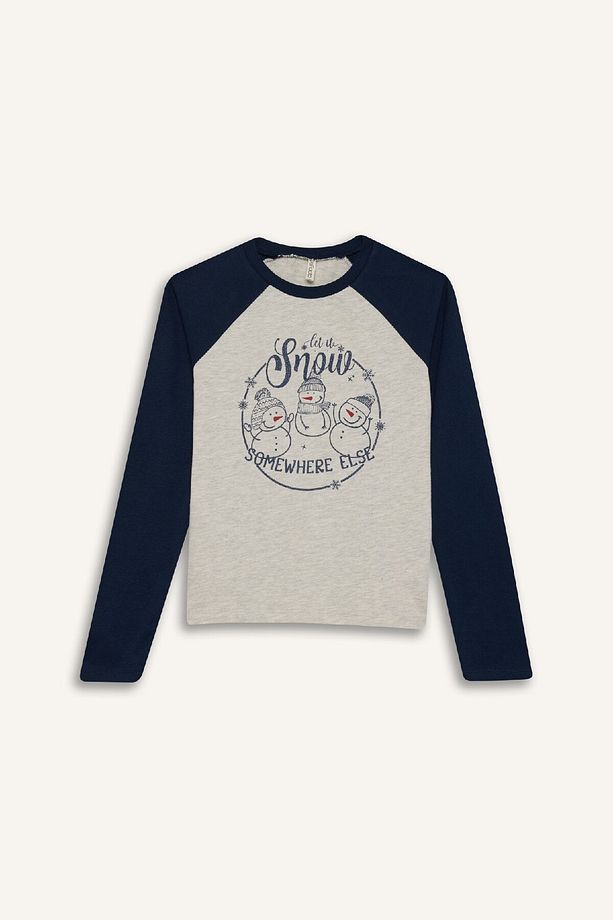 Kız Çocuk Yılbaşı Temalı Pijama Takımı Bisiklet Yaka Uzun Kollu Üst Uzun Alt D8797A824AU - 4