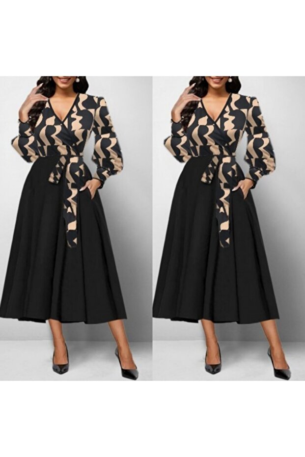 Kadın Uzun Kollu Kruvaze Yaka Dalgıç Krep Midi Boy Elbise - 4