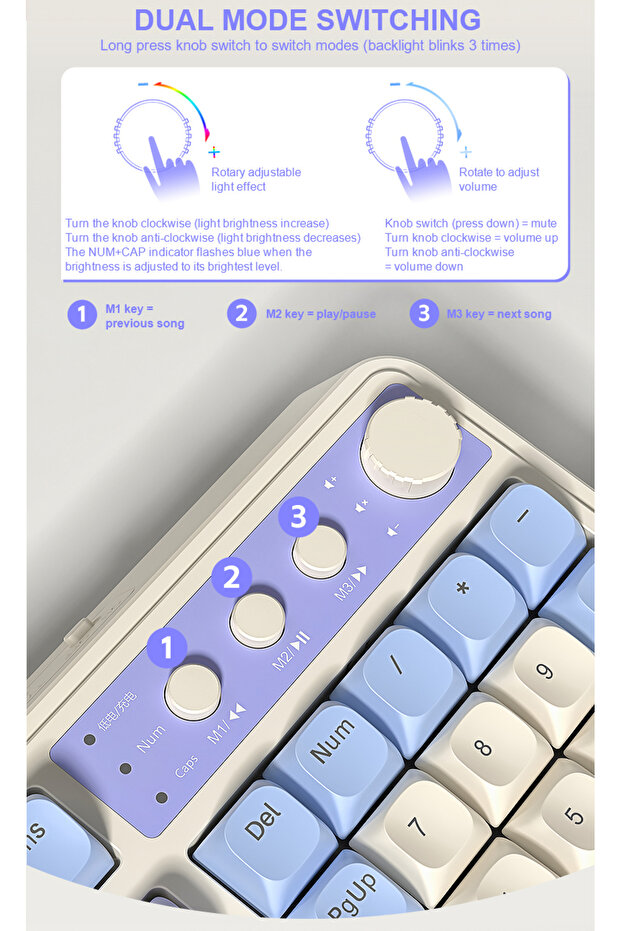 S99 Keys Tri-Mode with Media Knob Programmable Membrane Computer RGB Wireless Creamy Gaming Keyboard - 5