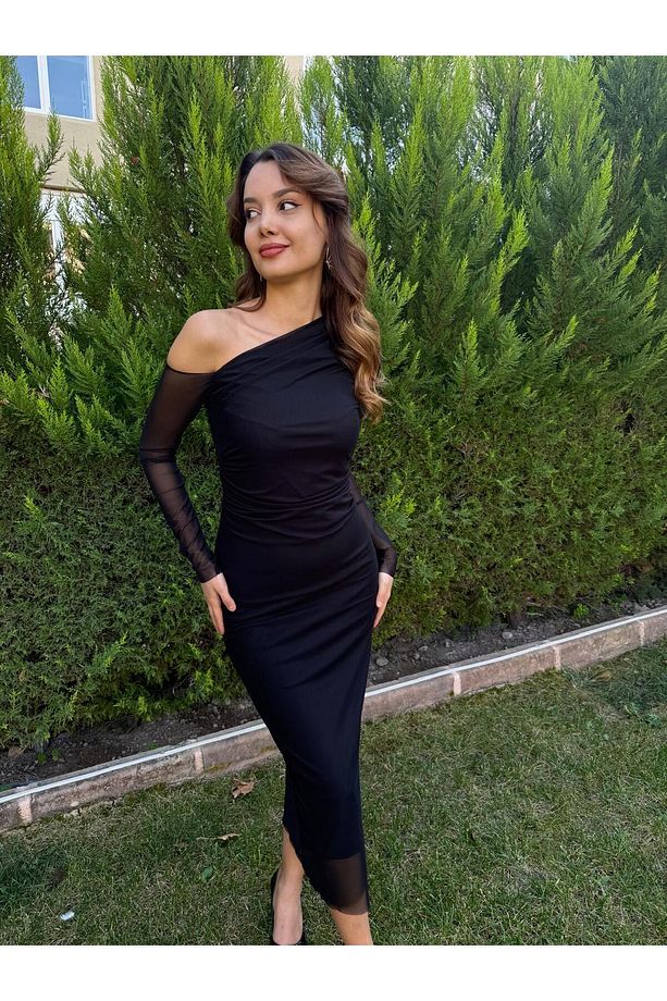 Siyah Tek Omuz Tül Elbise - 7
