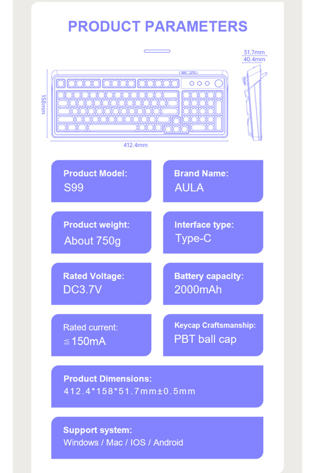 S99 Keys Tri-Mode with Media Knob Programmable Membrane Computer RGB Wireless Creamy Gaming Keyboard - 8