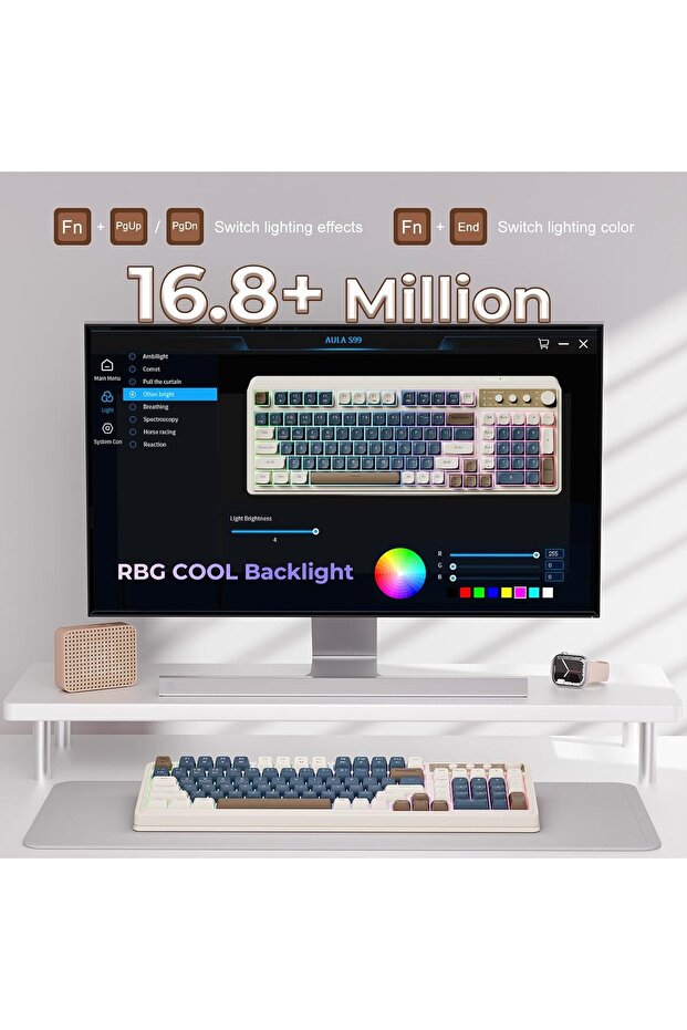 S99 Keys Tri-Mode with Media Knob Programmable Membrane Computer RGB Wireless Creamy Gaming Keyboard - 4