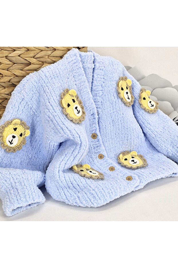 El Örgüsü Soft Peluş Aslan Figürlü Erkek Çocuk Hırka - 1
