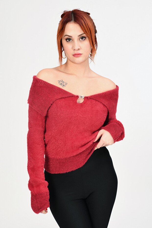 Devrik Yaka Peluş Kazak - Kırmızı - 3