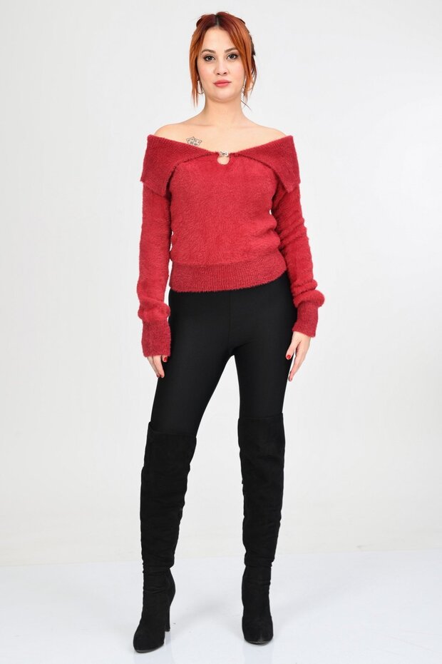 Devrik Yaka Peluş Kazak - Kırmızı - 5