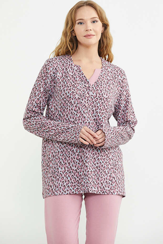 طقم بيجامة مريح بنقشة الفهد الوردي - 3