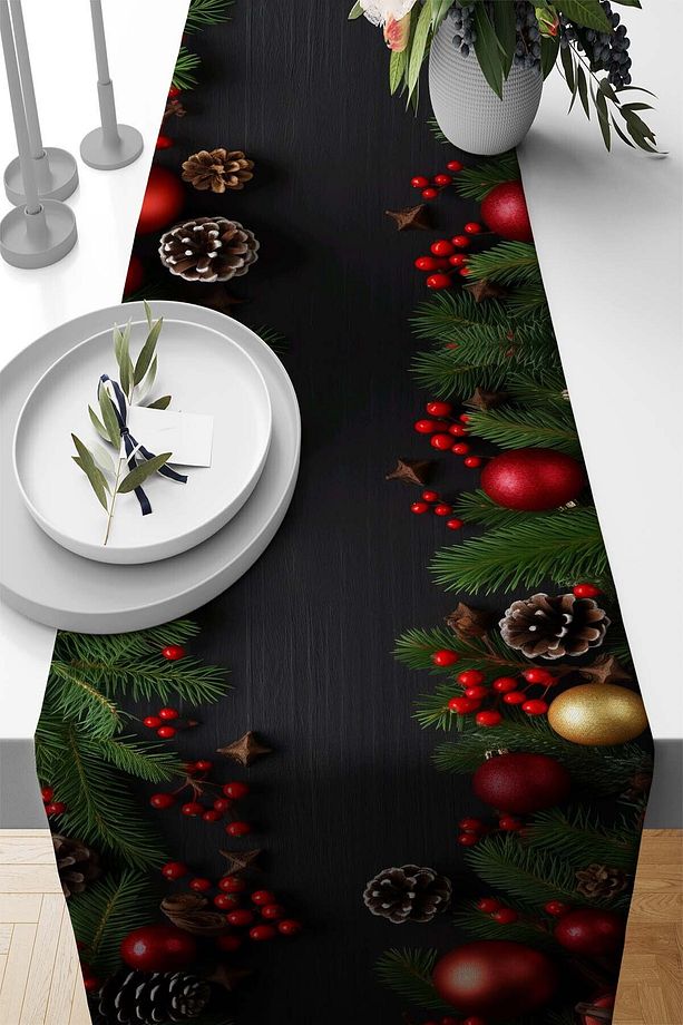 Siyah Yeniyıl Yılbaşı Noel Christmas Runner Masa Örtüsü 40x140cm RNR638 - 1