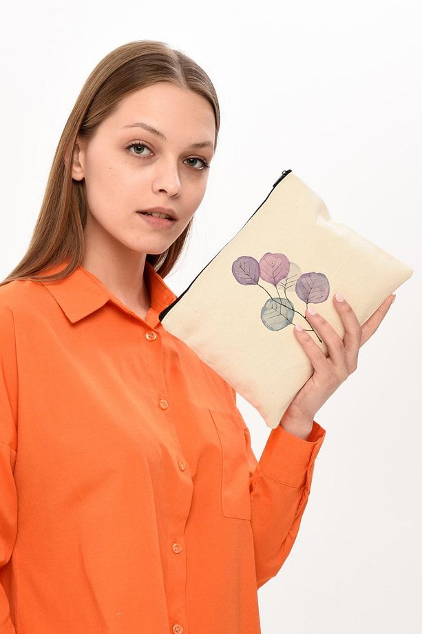 Clutch Mor Çiçekler Kanvas Makyaj Çantası - 7