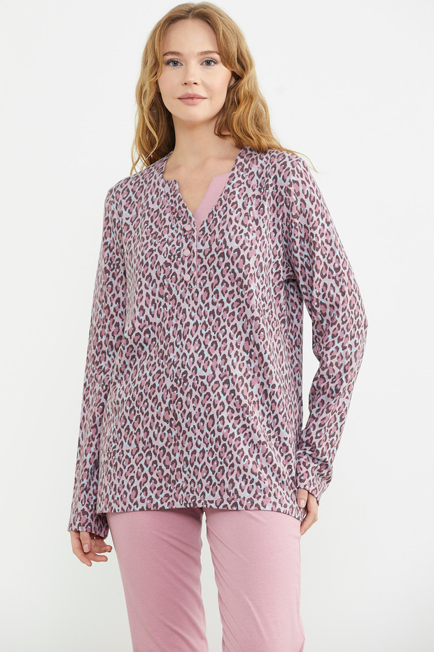 طقم بيجامة مريح بنقشة الفهد الوردي - 5