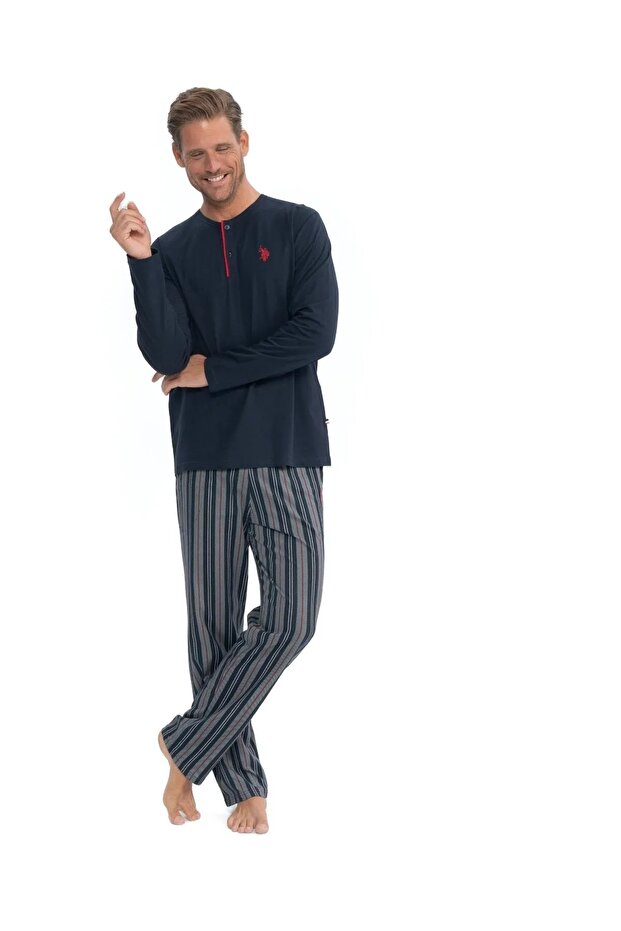 Us Polo Licensed Cotton Button Neck Long Sleeve Men's Pjamas Suit