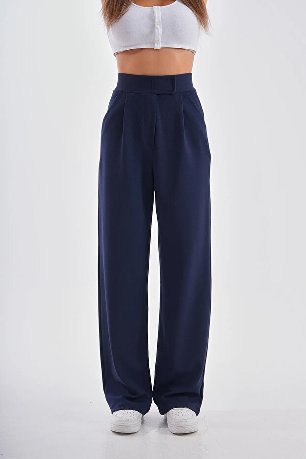 Navy Blue Velcro High Waist Flared Palazzo Trousers