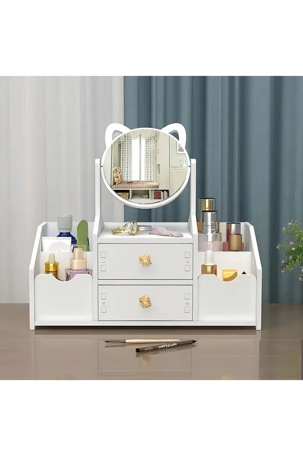 Aynalı ve Çekmece ile Makyaj Masası, Toz Korumalı Kozmetik Depolama Kutusu - 1