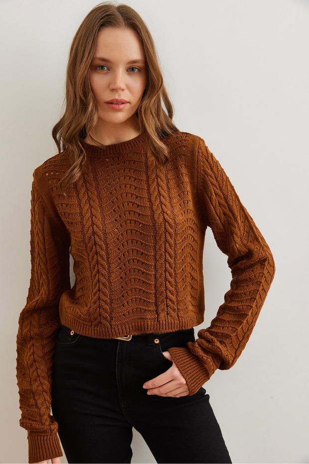 Kadın Deve Tüyü Dalga Örgüllü Crop Triko Kazak KZK-19000822 - 1