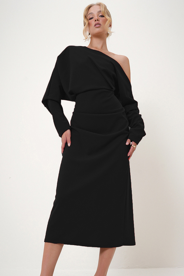 Women's Black Off-The-Shoulder Draped Maxi Length Knitted Dress Alc-X12786