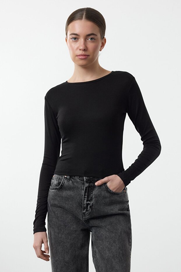 Siyah-Antrasit İkili Paket Crop/Kısa Fitted/Vücuda Oturan Örme Bluz TWOAW25BZ00061 - 3